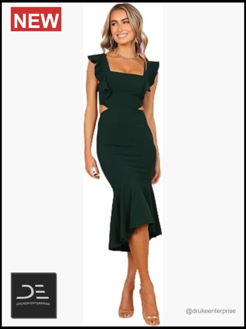 Bodycon Hi Lo Midi Dress Square Neck Frill Shoulder Waist Cut Out Sleeveless